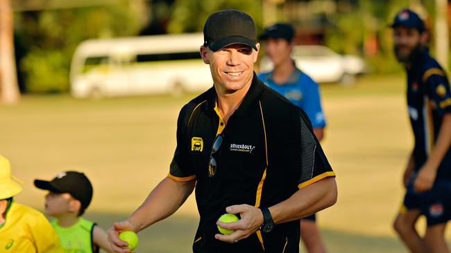 David Warner at a cricket clinic in Darwin.