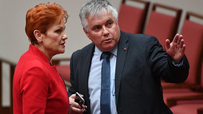 Centre Alliance Senator Rex Patrick, right, with One Nation leader Senator Pauline Hanson. Picture: AAP