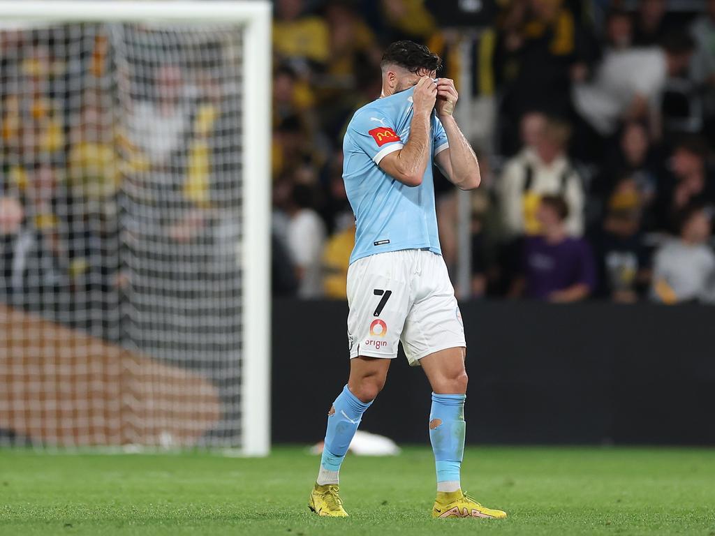 Mathew Leckie is distraught after Melbourne City’s shocking grand final loss. Picture: Mark Kolbe/Getty Images