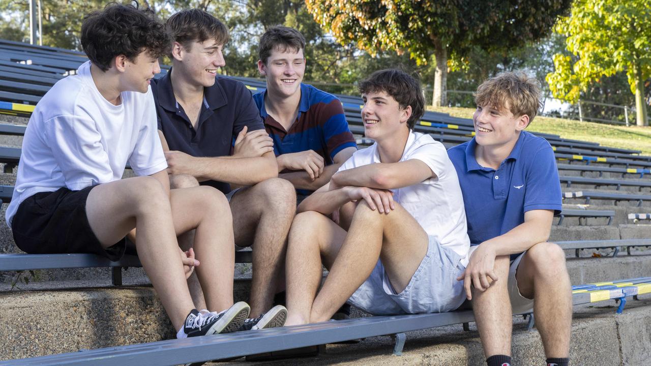 Pupils from Marist College Ashford, in Brisbane, Jaxon Pambid, Riley Gillece, Ewan Wood, George Philp and James Johnston are among the 23,000 pupils supporting Unplug24. Picture: Richard Walker