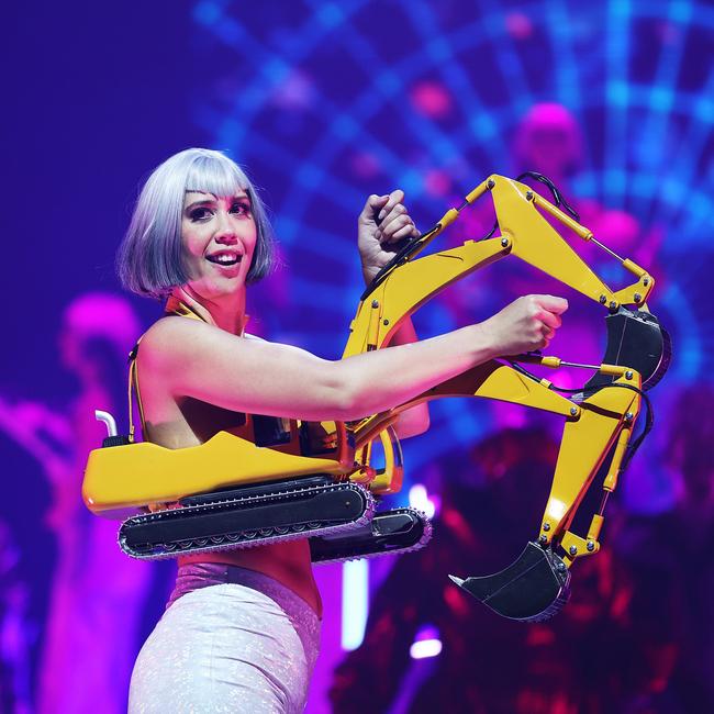 ‘Groundbreaking’ performed in the Bizarre Bra section. Created by husband and wife team Kristy Kirkpatrick and David Kirkpatrick from New Zealand, the ‘digger bra’ won gold for the category. Picture: Hagen Hopkins/Getty Images for World of WearableArt