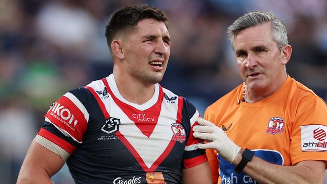 SYDNEY, AUSTRALIA - SEPTEMBER 01: Victor Radley of the Roosters reacts to an injury during the round 26 NRL match between Sydney Roosters and Canberra Raiders at Allianz Stadium, on September 01, 2024, in Sydney, Australia. (Photo by Cameron Spencer/Getty Images)