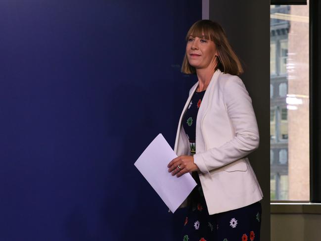 Jo Haylen arrives to addresses the media in a press conference in Sydney at which she reigned on Tuesday. Picture: NewsWire/ Gaye Gerard