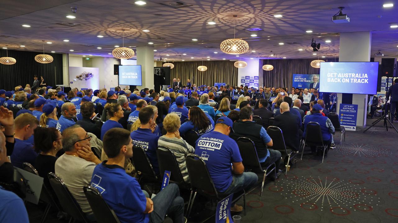 Crowd members gathered ahead of Opposition Leader Peter Dutton’s appearance at a Liberal Party rally at Melton Entertainment Park in the electorate of Hawke, outside Melbourne, in Victoria. Picture: Richard Dobson / NewsWire