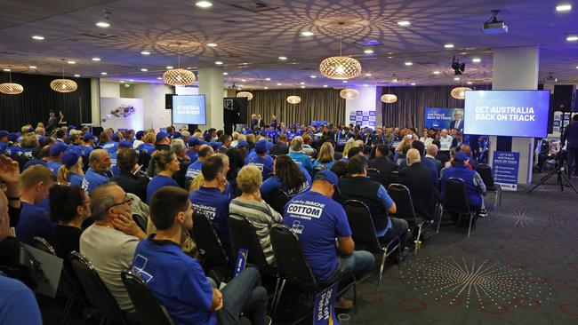 Crowd members gathered ahead of Opposition Leader Peter Dutton’s appearance at a Liberal Party rally at Melton Entertainment Park in the electorate of Hawke, outside Melbourne, in Victoria. Picture: Richard Dobson / NewsWire