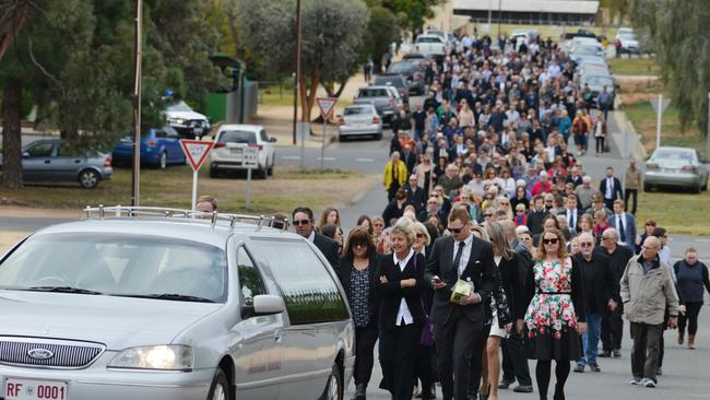 Mourners at Kirsty Boden’s funeral procession in Loxton in 2017. 