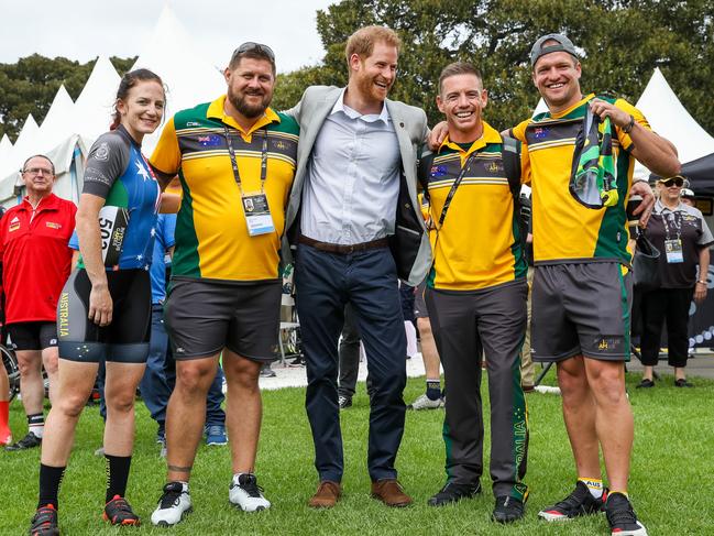 Prince Harry with the Australian team during day two of the Invictus Games at Sydney Olympic Park. Picture: Getty