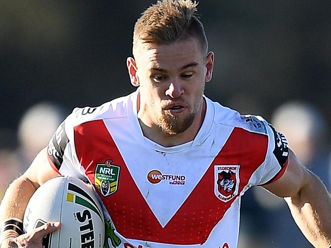 Matthew Dufty of the Dragons is tackled by Blake Austin of the Raiders during the Round 11 NRL match between the St George-Illawarra Dragons and the Canberra Raiders at Glen Willow Oval in Mudgee, NSW, Sunday, May 20, 2018. (AAP Image/Dan Himbrechts) NO ARCHIVING, EDITORIAL USE ONLY