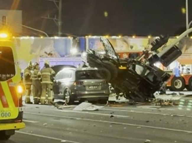 A passenger has died in a violent three-car crash in Melbourne’s western suburbs. The crash happened in the suburb of Laverton North about 10pm Thursday. A driver has also been seriously injured. Picture: 7News