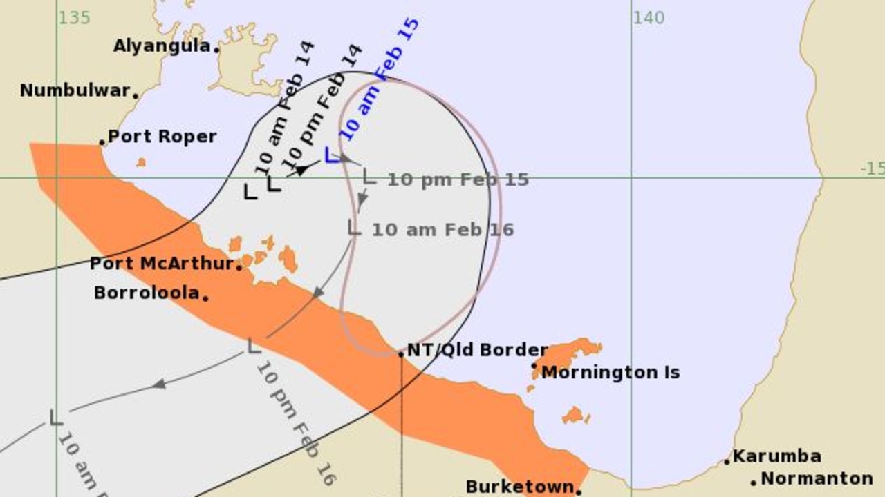 The Bureau of Meteorology said the slow moving Tropical Low 07U was likely to bring gale force winds, heavy rainfall and storm tides to the southern Gulf of Carpentaria later Thursday and Friday. Photo: The Bureau of Meteorology