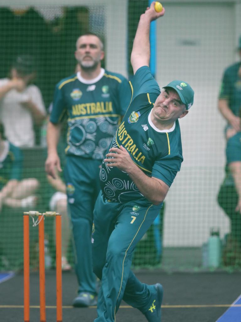 The Trans Tasman trophy for indoor cricket is being played on the Gold Coast at Ashmore. Australia v New Zealand Mens 40s .Aussie Tode Biracoski bowling. Picture Glenn Hampson