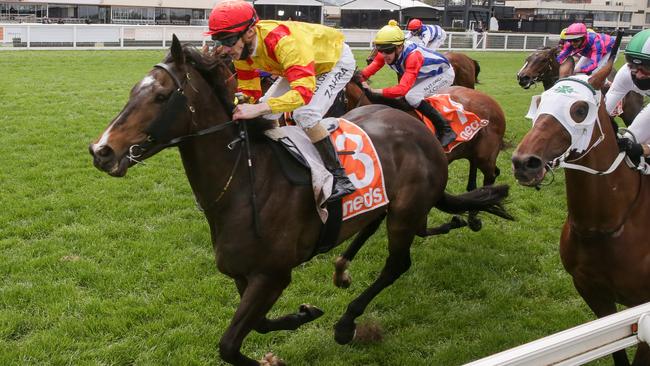 Power Scheme, ridden by Mark Zahra, wins the firs race on Caulfield Cup Day.