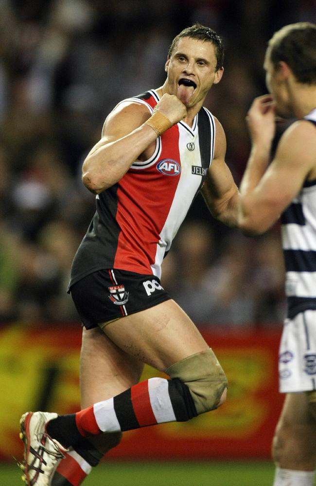 Michael Gardiner pokes his tongue out after kicking the goal that put the Saints eight points in front.
