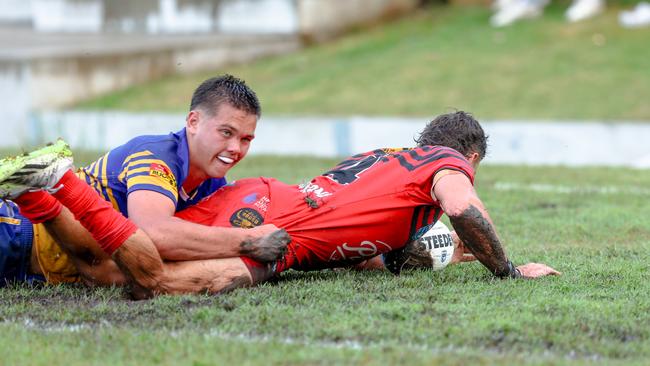 Michael Thomas crosses for Byron’s second try. Picture: DC Sports Photography