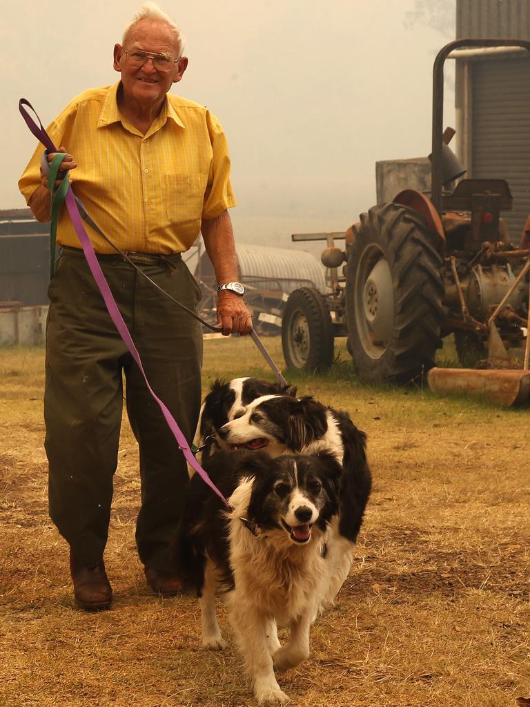 Owen Whalan, 85, who met Prime Minister Scott Morrison on Sunday was back at home and happy with his border collies on Tuesday but not for long. Picture: AAP/Darren Pateman