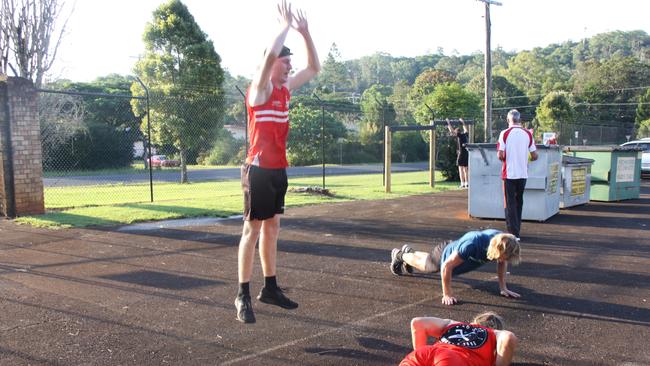 SHOCK TRAINING: Taking a break from footy drills the Lismore Swans Australian Football Club senior men's squad did some green machine training at the 41st Battalion, Royal New South Wales Regiment, on Tuesday March 10, 2021. Photo: Alison Paterson