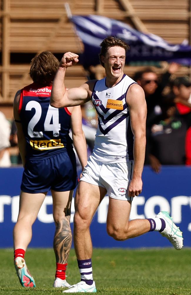 Jye Amiss celebrates a goal during his side’s huge win on Sunday. Picture: Michael Willson/AFL Photos via Getty Images.