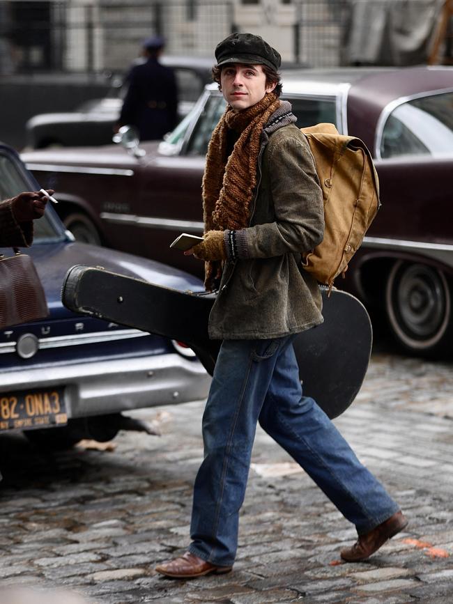 Chalamet as Bob Dylan filming James Mangold's A Complete Unknown. Picture: New York Newswire