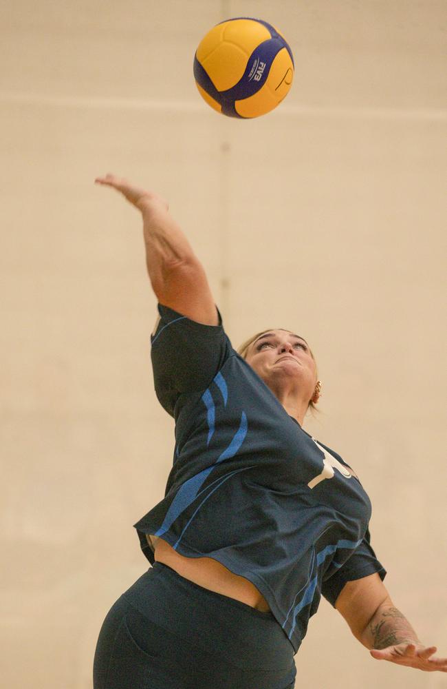 Emma TiaTia in actionas the Ballina Tridents V the Seniorits in the Pan Pacific Masters Games Volletball tournament. Picture: Glenn Campbell