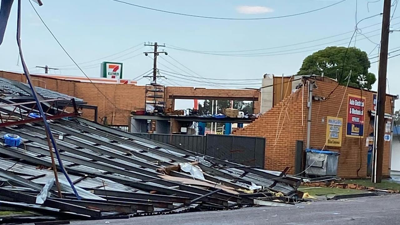 Long Jetty Automotive Engineering had its roof entirely torn off in the storm, the roof coming to rest on the front of a neighbouring house. Picture: Facebook /NSW Central Coast Incident Alerts, News &amp; Information