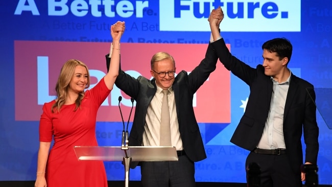 Labor Leader Anthony Albanese, his partner Jodie Haydon and his son Nathan Albanese celebrate victory. (Photo by James D. Morgan/Getty Images)