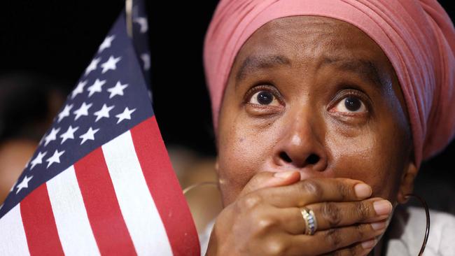 A supporter of US Vice President and Democratic presidential candidate Kamala Harris reacts during an election night event at Howard University in Washington, DC, on November 5, 2024. (Photo by CHARLY TRIBALLEAU / AFP)