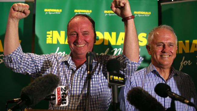 Barnaby Joyce with PM Malcolm Turnbull celebrating his win in the New England by-election. Picture: Lyndon Mechielsen.