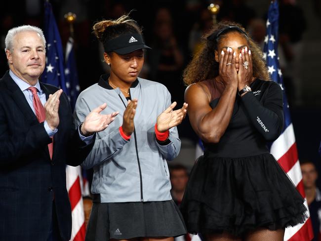 Serena Williams and Naomi Osaka at the trophy presentation. Picture: Getty