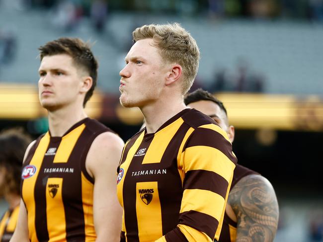 MELBOURNE, AUSTRALIA - MARCH 23: James Sicily of the Hawks looks dejected after a loss during the 2024 AFL Round 02 match between the Hawthorn Hawks and the Melbourne Demons at the Melbourne Cricket Ground on March 23, 2024 in Melbourne, Australia. (Photo by Michael Willson/AFL Photos via Getty Images)