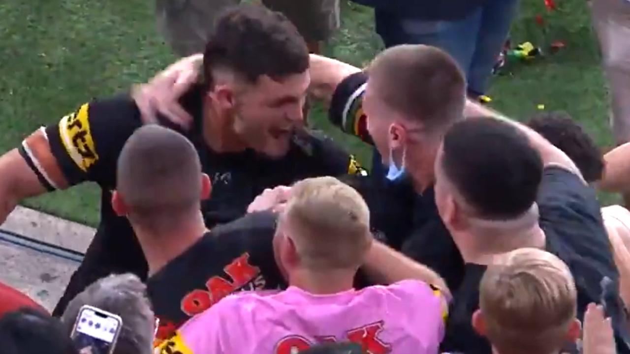 Nathan Cleary celebrates with his mates after the grand final win.