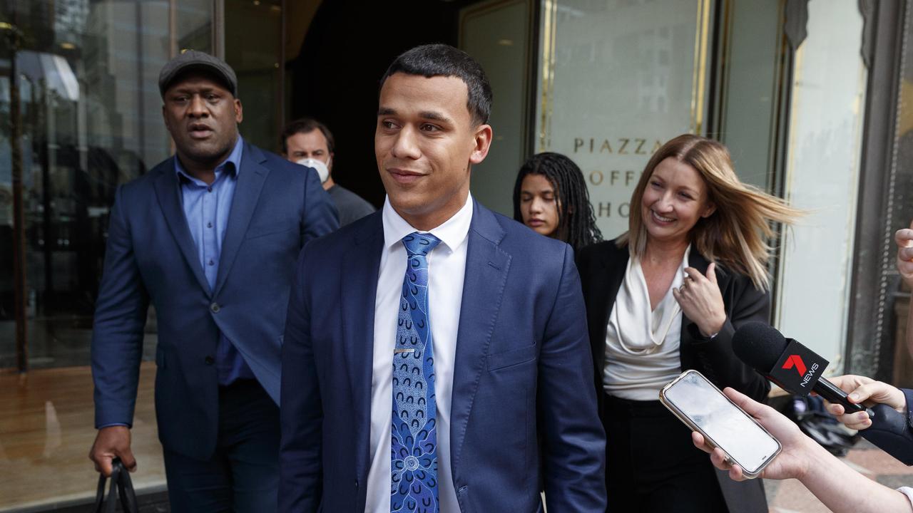 Flanked by his family, Tristan Sailor leaves court for the final time after a jury found him not guilty of sexually assaulting a woman. Picture: NCA NewsWire / David Swift