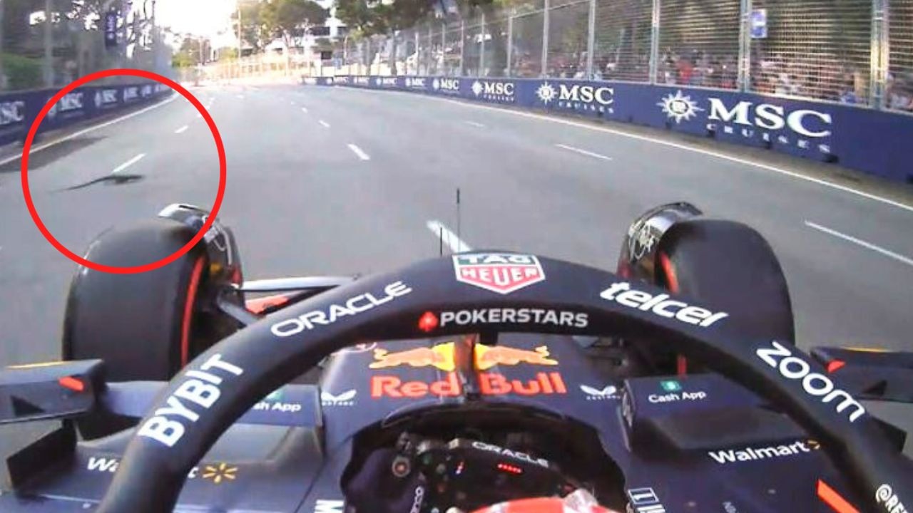 This is the incredible moment the Singapore GP was invaded by a giant lizard – forcing champ Max Verstappen to swerve around “Godzilla’s kid.”