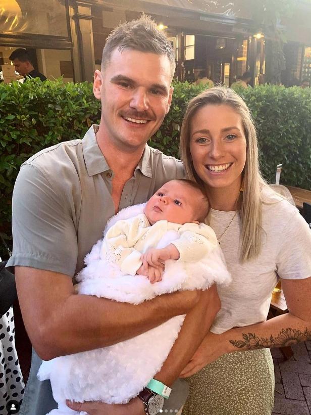 Deni Varnhagen (picture here with partner Jarrad Duthie and their baby girl Hali Julia) refused to be vaccinated. Pic: Instagram.