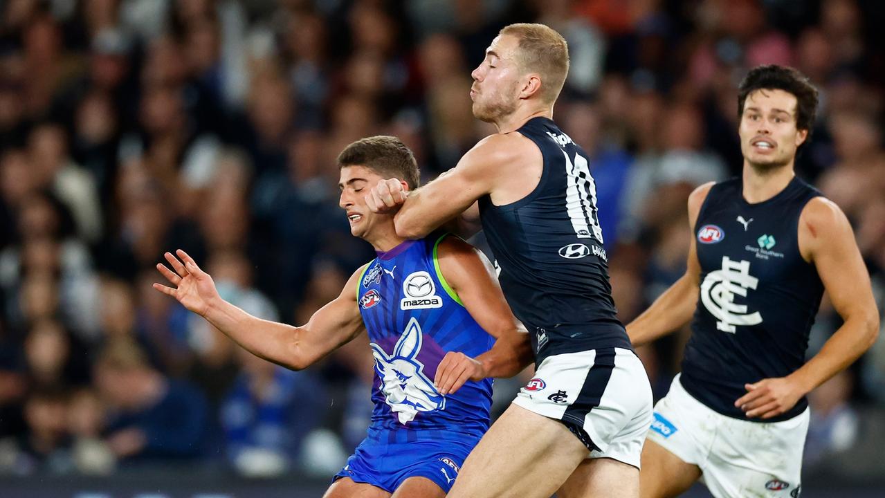 McKay’s hit on North’s Harry Sheezel. (Photo by Michael Willson/AFL Photos via Getty Images)