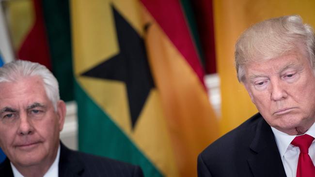 US Secretary of State Rex Tillerson (L) and US President Donald Trump waiting for a luncheon. Picture: AFP