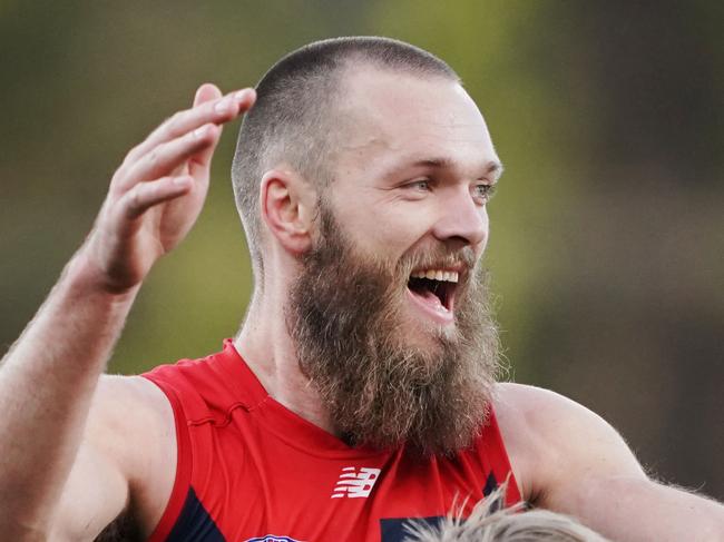 Max Gawn of the Demons celebrates a goal during the Round 23 AFL match between the North Melbourne Kangaroos and the Melbourne Demons at Blundstone Arena in Hobart, Saturday, August 24, 2019. (AAP Image/Michael Dodge) NO ARCHIVING, EDITORIAL USE ONLY