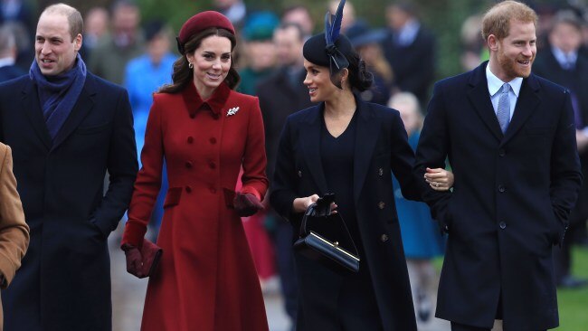 Prince William, Princess Catherine, Meghan Markle and Prince Harry arrive to attend Christmas Day Church service at Church of St Mary Magdalene on the Sandringham estate on December 25, 2018 in King's Lynn, England. Picture: Stephen Pond/Getty Images