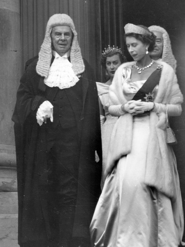 The Queen performs the ceremonial opening of parliament at Parliament House on North Terrace, with President of the Legislative Council, Sir Walter Duncan.