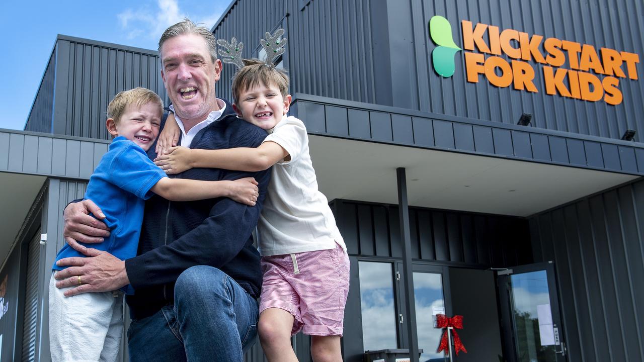 Managing Director of Emmett Nick Emmett who built Kickstart for Kids new warehouse near the airport with his sons Andy, 6, and James 7 Saturday December, 4,2021. Picture Mark Brake