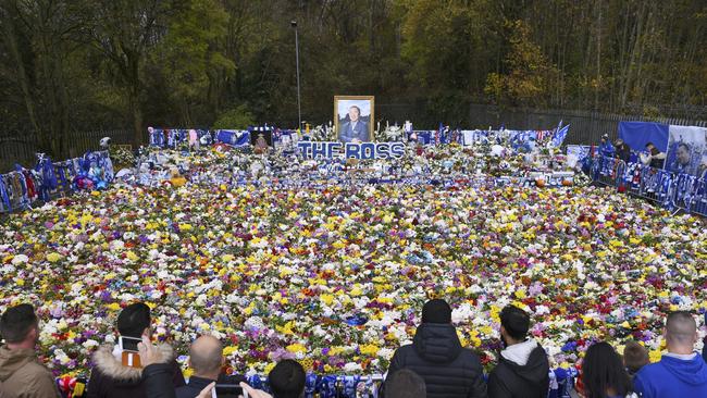 Floral tributes to those who lost their lives in the Leicester City helicopter crash outside King Power Stadium. Picture: AP