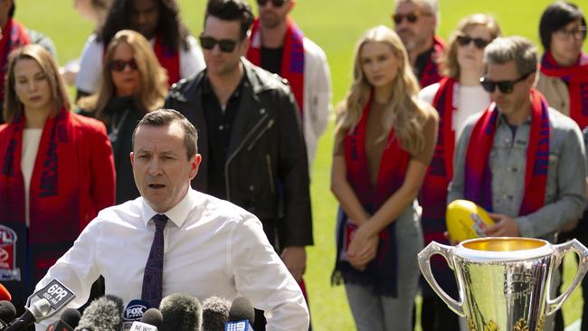 WA Premier Mark McGowan speaks during a media opportunity ahead of the 2021 AFL Grand Final at Optus Stadium on September 23. Picture:Getty Images