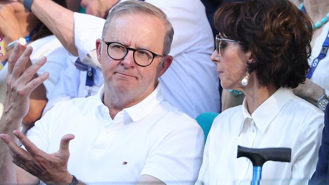 Mr Albanese sat next to Tennis Australia chairwoman Jayne Hrdlicka. Picture: Cameron Spencer/Getty Images