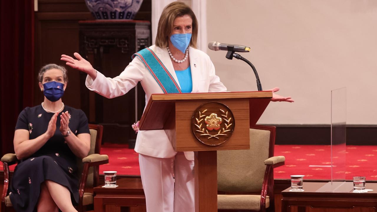 Nancy Pelosi speaking in Taiwan. Picture: Chien Chih-Hung/Office of the President of Taiwan via Getty Images