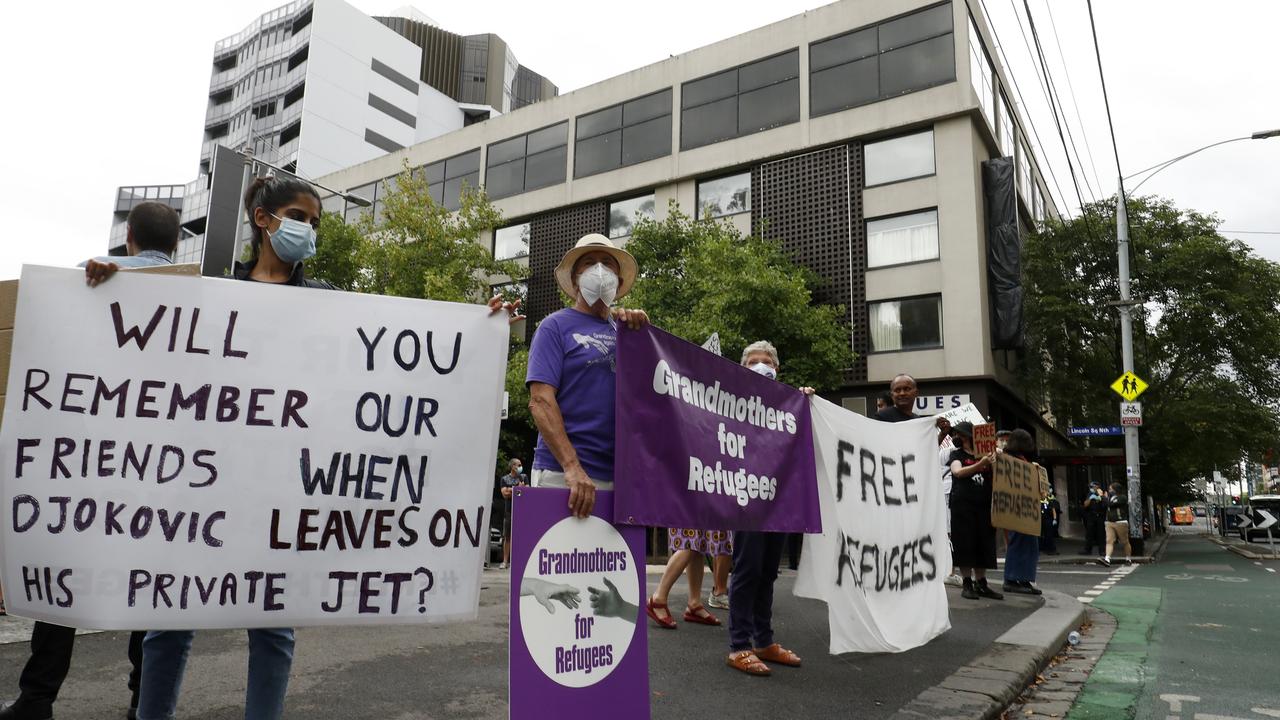 Supporters of refugees have been camped outside the hotel. (Photo by Darrian Traynor/Getty Images)