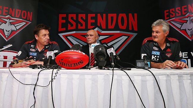 Interim Essendon coach Mark Thompson alongside chairman Paul Little and new senior assistant Neil Craig. Picture: Getty