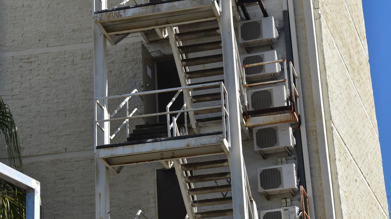 Fire exit doors and stairway at the Rockhampton Plaza Hotel.