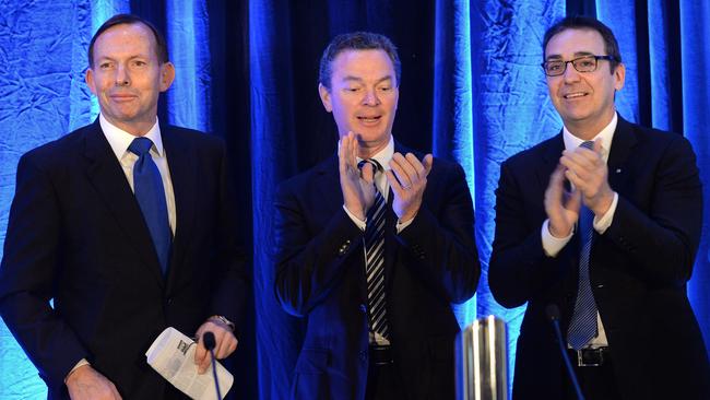 Former Prime Minister Tony Abbott with Christopher Pyne and new Premier Steven Marschall.