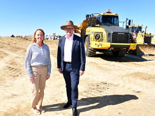 Townsville Port CEO Ranee Crosby with Prime Minister Anthony Albanese looked at reclaimed land at Townsville Port. Picture: Evan Morgan