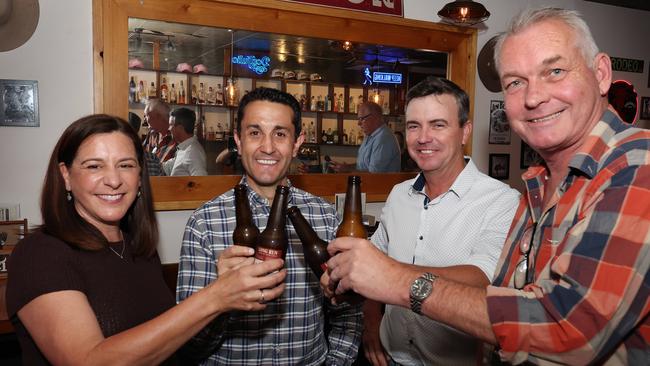 Cheers, Deb Frecklington Member for Nanango, Leader of the Opposition David Crisafulli, Sean Dillon LNP candidate for Gregory, and Lachlan Millar member for Gregory, Chute 1 pub, Longreach. Picture: Liam Kidston.