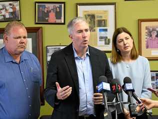 AGED CARE: Labors candidate for Hinkler Richard Pascoe, Senator Anthony Chisholm and Shadow Minister for Ageing and Mental Health Julie Collins. Picture: Mike Knott BUN301018PAS13